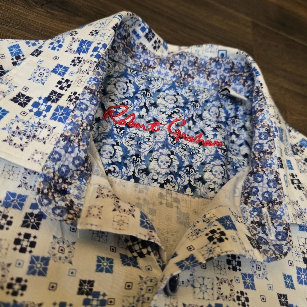 Robert Graham Shirt Mens S Blue White Geometric Button Short Sleeve Designer